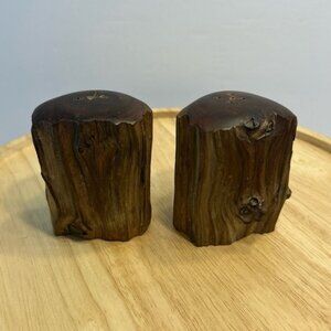 Vintage Rustic Wood Log Salt Pepper Shakers Cabin Mountain Decor Handcrafted